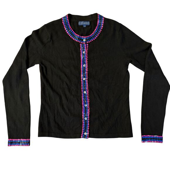 J. McLaughlin Black Sequin Trim Cardigan Sweater Small S Cashmere Cotton Blend - Picture 1 of 8
